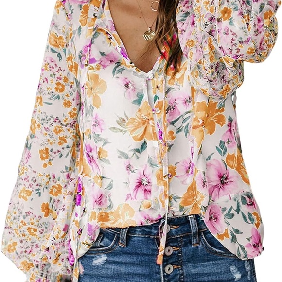 biucly Tops - Chic Pink and Yellow Ruffled Long Sleeve Blouse